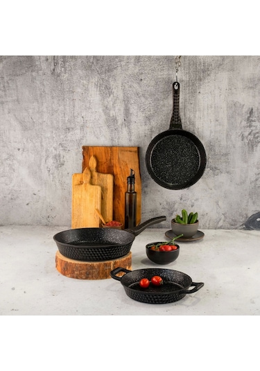 Özlife Arya 3 Lü Granit Tava Ve Sahan Seti Siyah