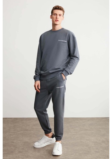 Raırok  Erkek Içi Polarlı Comfort Oversize Nakışlı Koyu Gri Sweatshirt
