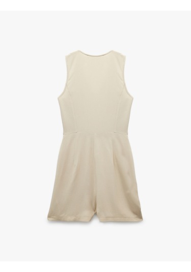 Koton V Yaka Kolsuz Düğmeli Keten Karışımlı Mini Tulum Bej 5sal40031ıw Ekru