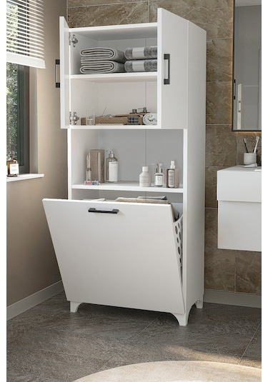 Bofigo Çok Amaçlı Dolap Banyo Dolabı Kirli Çamaşır Sepeti Dolabı Damla Beyaz Beyaz