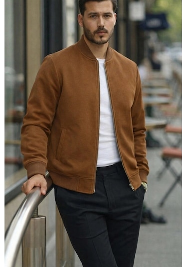 Defymoda Erkek Uzun Kollu Önden Fermuarlı Süet Ceket Kahve