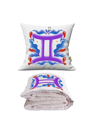 İkizler Burcu Baskılı Dekoratif Yastık Kırlent Opsiyonel Battaniye 2 İn 1 Çok Renkli