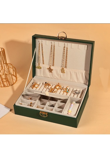 Mdl10- Yeşil Takı Kutusu Kilitli Deri Görünümlü Takı Düzenleyici