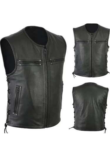 Cooper Hakiki Deri Yelek Yandan Bağcıklı Fermuar Kapamalı