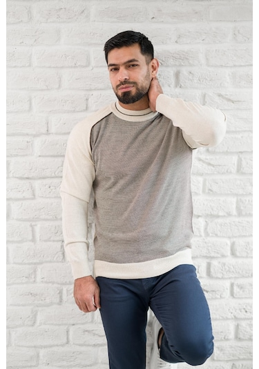 San&fa Yarım Balıkçı Desenli Slimfit Yünlü Triko Kazak Krem