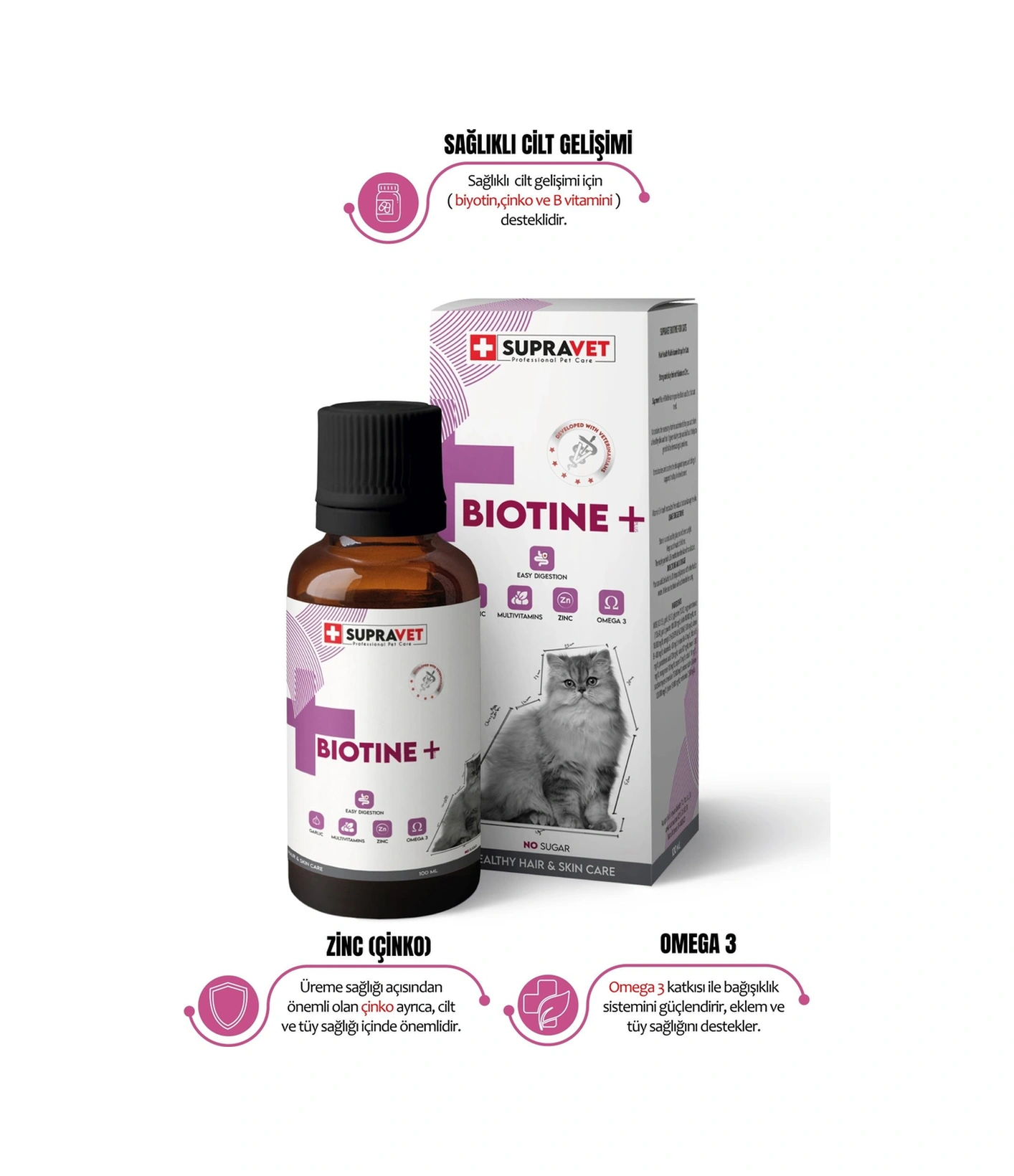 Supravet Plus + B For Cats Biotine Damla 100 ML + Zinc + Multi Vitamin Kediler İçin Tüy Sağlığı Damlası