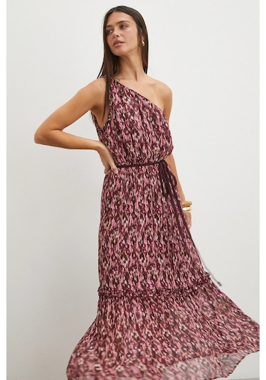 Uterpe One Shoulder Floral Print Maxi Dress Mürdüm