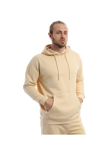 Erkek Kapüşonlu Kanguru Cepli Sweatshirt Krem