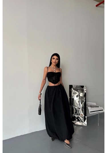 Bel Lastikli Balon Etek Şanel Boy Soft Kumaş - Siyah Siyah