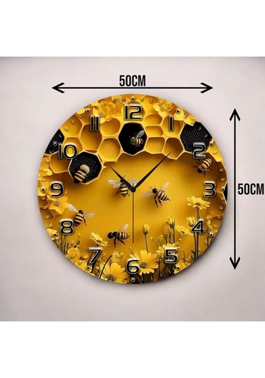 Kabartma Görünümlü Renkli Baskı Arı Desenli Sayılı Hediyelik Ahşap Sessiz Duvar Saati 50cm ÇOk Renkli