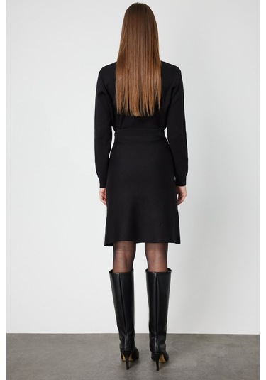 On Kadın Cep Detaylı Diz Üstü Triko Etek 69508 Siyah Siyah