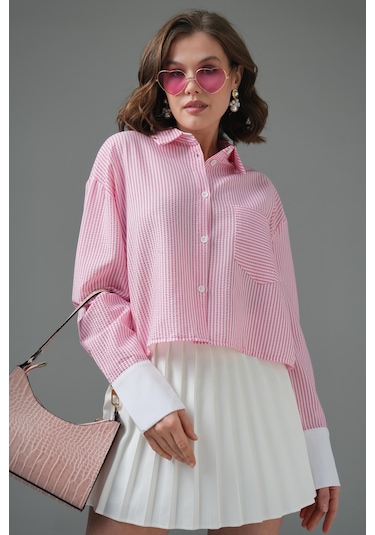 Saade Pembe Çizgili Crop Gömlek Mavi