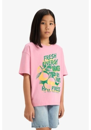DeFacto Kız Çocuk Oversize Geniş Kalıp Bisiklet Yaka Baskılı Kısa Kollu Tişört E0386A825SMPN666 Pembe