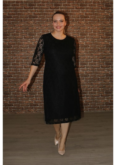 Nidya Moda Büyük Beden Sıfır Yaka Dantel Elbise-4036S Çok Renkli