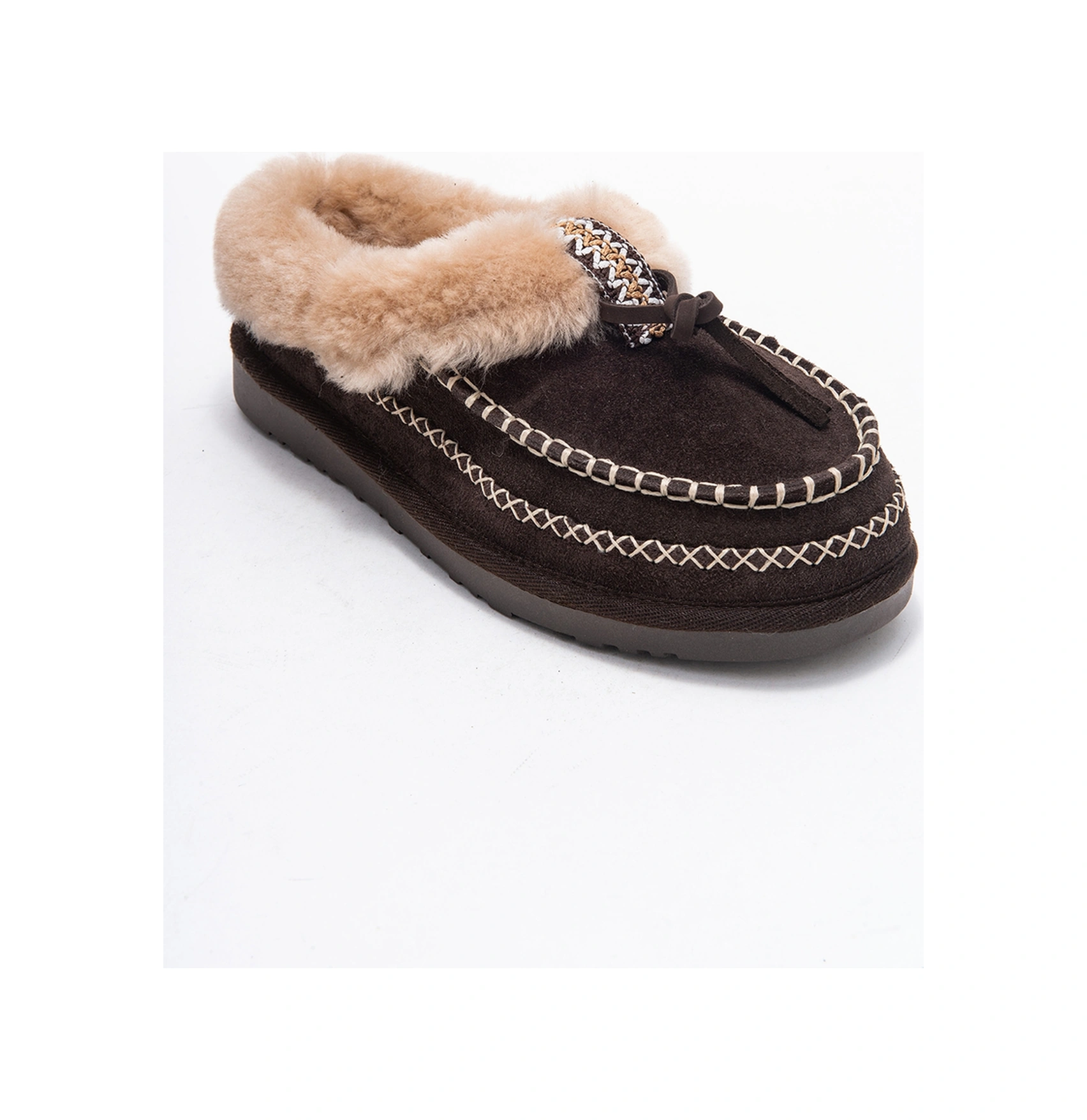 Norıel Kahverengi Süet Hakiki Deri Dikişli Kürklü Kadın Makosen Terlik Kahverengi