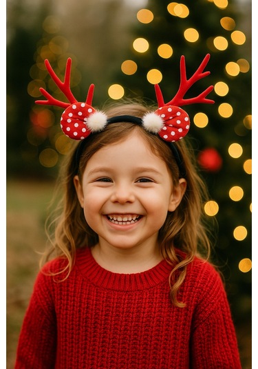 Yılbaşı Geyik Boynuzlu Puf Tüylü Kırmızı Puantiyeli Saç Bandı Çocuk Parti Taç Aksesuar