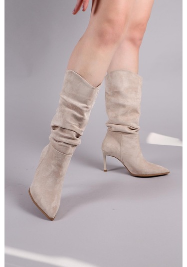 Arlon Büzgülü Çekme Topuklu Çizme Bej-8560 Bej