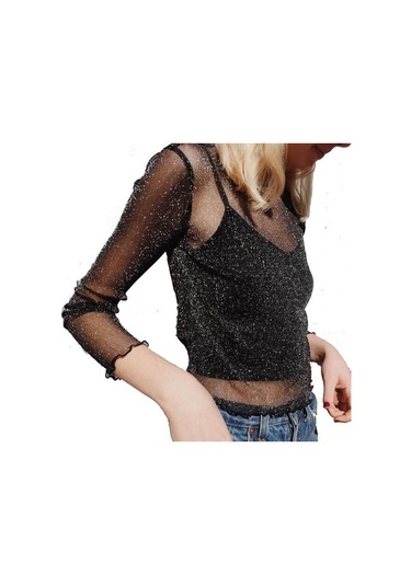 Seksi File Tişört Kadın Uzun Kollu Parlak İpek Alt Gömlek Moda Üstler Siyah