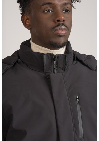 Fbi Regular Fit Çıkartılabilir Kapşonlu Suya Dayanıklı Konforlu Termal Kaban Siyah