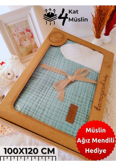 4 Kat Müslin Mint Yeşil Saçaklı Bebek Battaniyesi 100x120 Cm- %100 Pamuklu & Çok Amaçlı Battaniye Mint