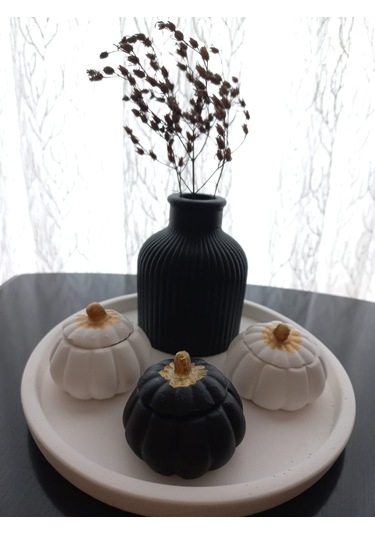 Tabakta 3'lü Mini Balkabağı Vazo Dekoratif Beyaz Siyah Set 03