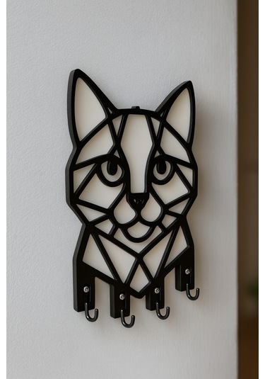 Kedi Figürlü Duvar Tipi Dekoratif Anahtarlık Askılığı Siyah - Beyaz