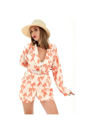 Kemerli Desenli Oversize Blazer Ceket - Turuncu-turuncu Turuncu