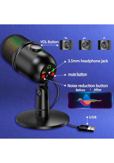 Skycıty Usb Kapasitif Mikrofon, Kalp Şeklinde Yönlendirme, Rgb Işık Efekti