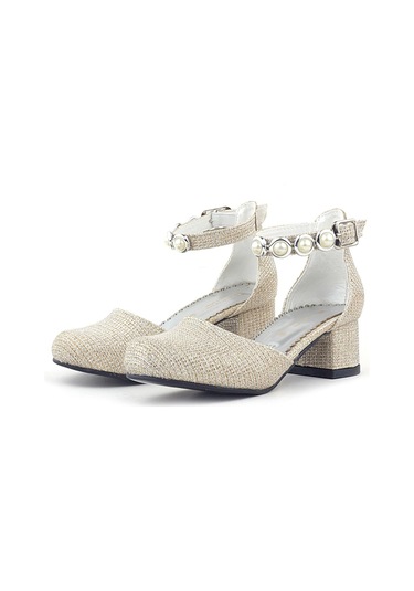 Merida Gold Simli Kalın Topuklu Taşlı Kız Çocuk Topuklu Ayakkabı Altın