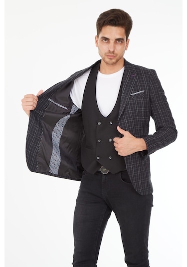 Sposo 5140 Yelekli Dar Kalıp Siyah Ekose Erkek Blazer Ceket Siyah