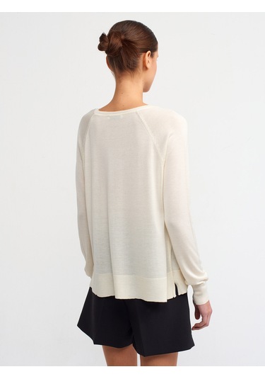 Dilvin Yaka Basic İnce Triko Kazak Krem