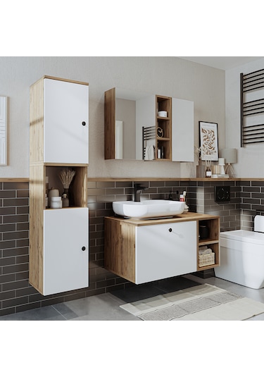 "lavabolu" Mdf 95 Cm Çekmeceli Lotus Oval Lavabolu Banyo Dolabı Atlantik Çam - Beyaz