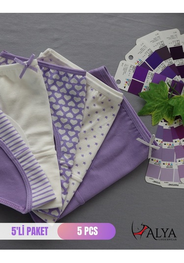 Alya Underwear Kız Çocuk Kalpli Dokuma Lastik Pamuklu Kumaş Slip Külot 5'li Paket 5 Adet Beyaz Lila P28
