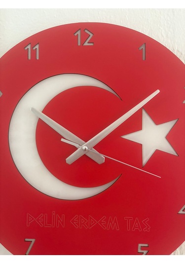 Kişiye Özel İsim Yazılı Ay Yıldız Türk Bayrağı Duvar Saati Epoksi Dolgulu 40 Cm Kırmızı - Beyaz