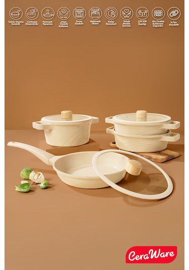Ceraware Vetta 10 Parça Seramik Yapışmaz Tencere Tava Seti Bej