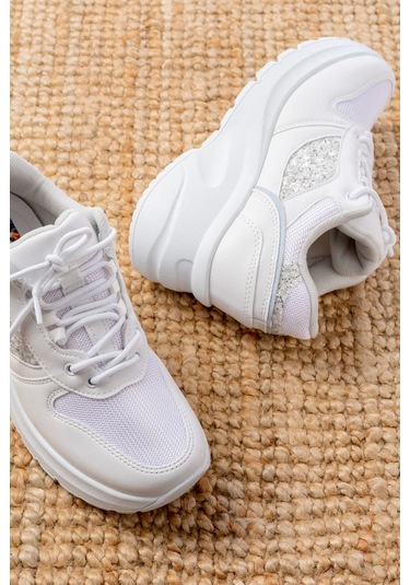 F-185 Beyaz Günlük Bağcıklı Taş Aksesuarlı Yazlık Spor Ayakkabı Beyaz