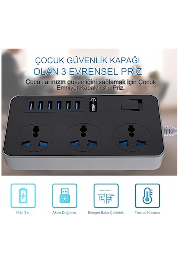 3000w 3 Ac Çıkışları Ve 6 Usb Şarj Portu Akım Korumalı Grup Priz