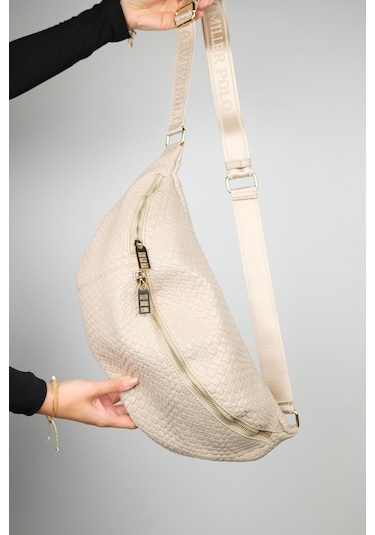 Venta Koyu Bej Örgü Kadın Büyük Bel Çantası Bej