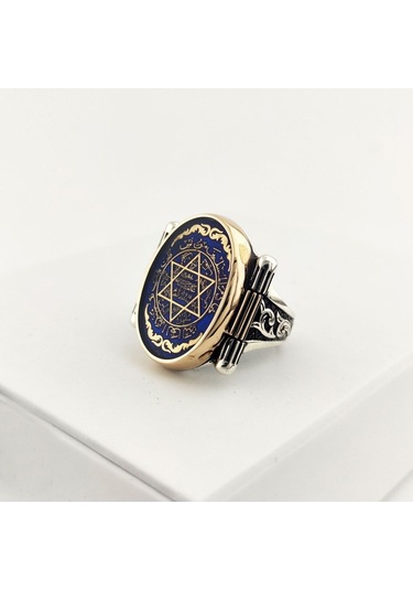 925 Ayar Gümüş Mavi Mineli Motifli Mührü Süleyman Erkek Yüzük Silver