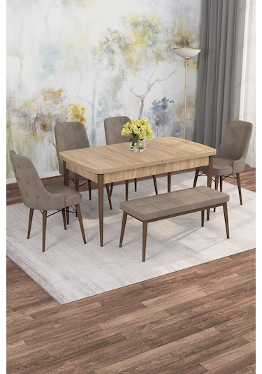 Mona Meşe 80x132 Açılabilir Mdf Masa Yemek Odası Takımı, Mutfak Takımı 4 Sandalye, 1 Bench Meşe Masa - 4+1 Cappuccino - Ceviz Ayak