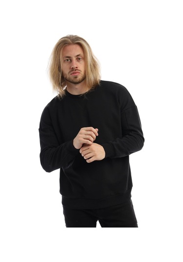 Erkek Bisiklet Yaka Karyoka Dikişli Sweatshirt Siyah