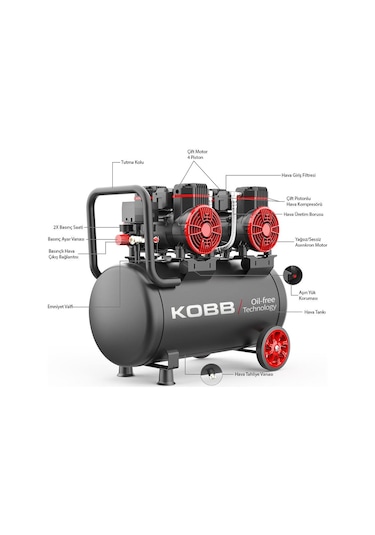 Kobb KBK50S2 4.0 Hp 50 L 8 Bar Çift Motorlu Yağsız Sessiz Taşınabilir Hava Kompresörü
