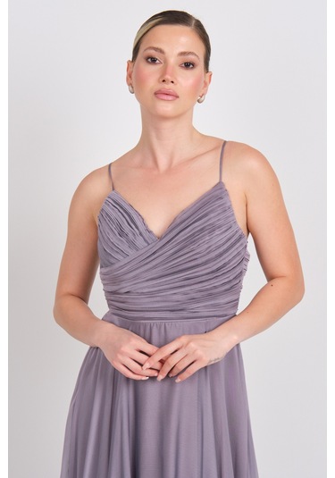 Doridorca Kadın Sırt Dekolteli Fiyonklu Drapeli V Yaka Abiye Elbise 6128 Vizon Vizon