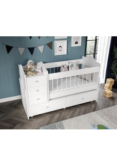 Angel Beşik Büyüyebilen Mavi Kulplu Komidinli