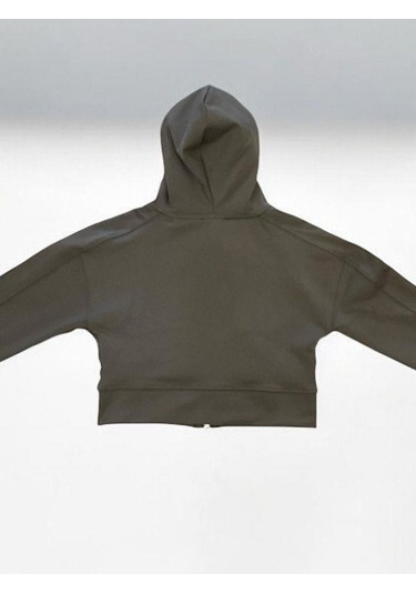 Kız Çocuk Pamuklu Crop Fermuarlı Kapuşonlu Hırka-15454 Haki