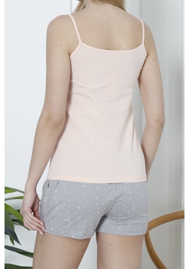 Kadın Şortlu Pijama Takımı İp Askılı Pamuklu Likralı Cepli Somon Nıc1073 R20 Somon
