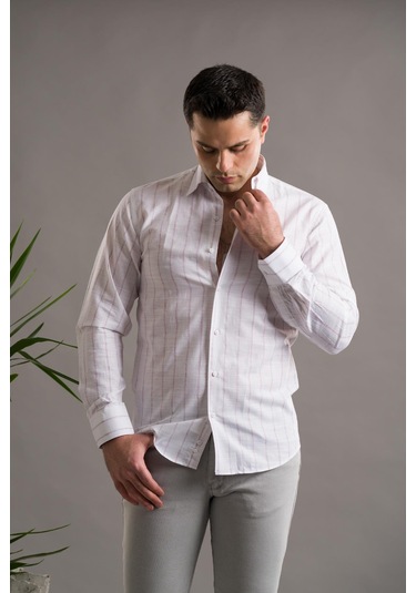 Evrytime Slimfit Pamuklu Çizgili Yaka Düğmeli Uzun Kol Erkek Yazlık Gömlek 001