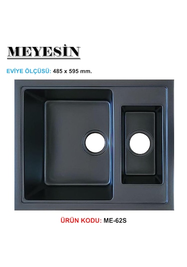 Meyesin ME-62S Granit 1.5 Göz Mutfak Evyesi Siyah 485 x 595 MM
