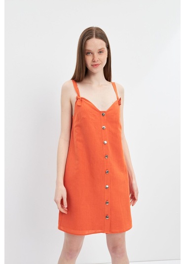 Stella Pulvis Turuncu Askılı Keten Mini Elbise Turuncu
