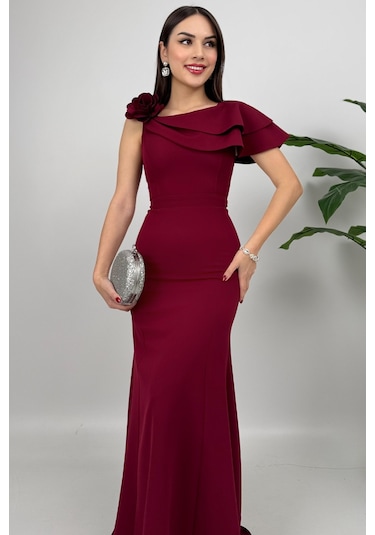 Delvira Drapeli Tek Omuz Çiçek Detaylı Uzun Bordo Abiye Elbise Bordo